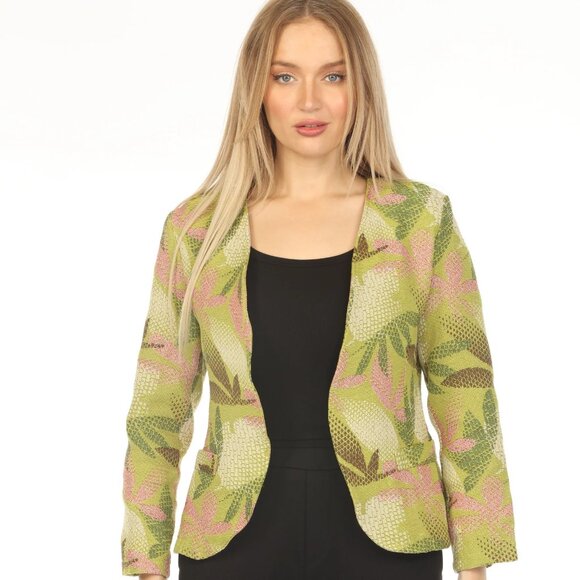 Lime Textured Leaf Print Blazer - Picture 1 of 5